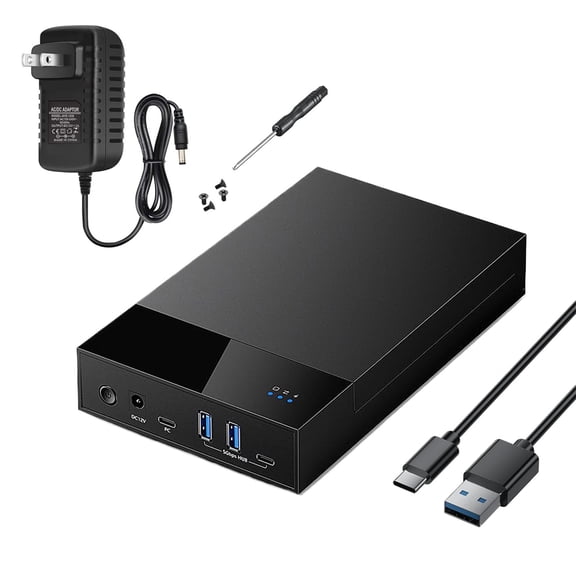 External Hard Drive Enclosure For 3.5" & 2.5" SATA SSD/HDD – 2×USB-A 1×USB-C Hub, 12V Power Adapter, Supports Up To 20TB