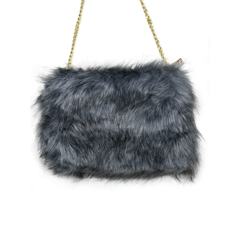 C.C Women's Evening Faux Fur Fuzzy Crossbody Shoulder Bag Clutch Purse,  Furry Dark Gray 