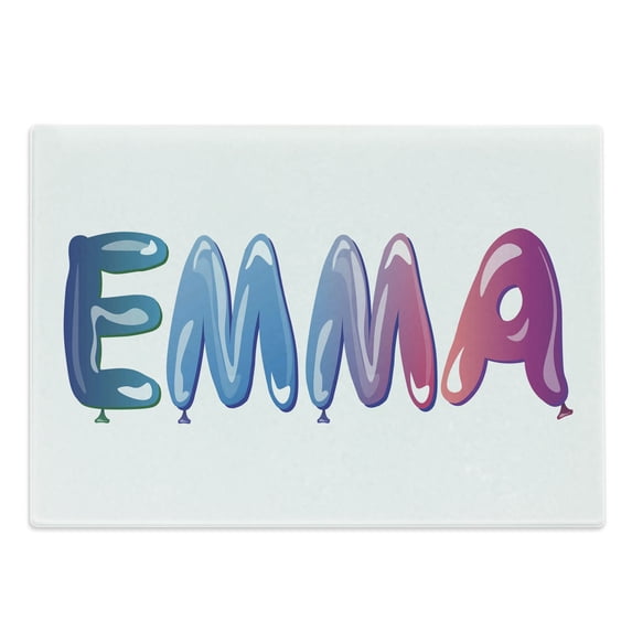 Emma Cutting Board, Feminine Girl Name Design with Ornate Balloons Mainstream Female Themed Illustration, Decorative Tempered Glass Cutting and Serving Board, Large Size, Multicolor, by Ambesonne