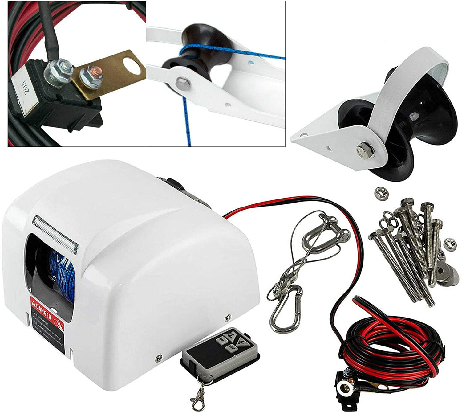Heavy Duty Towing Winches for Small Boat Fishing Boat Electric Anchor winch 25LBS, White Marine Anchor Winch 12V,Saltwater Boat Anchor Windlass Kit with Wireless Remote Control,anchors Up to 25 LBS 
