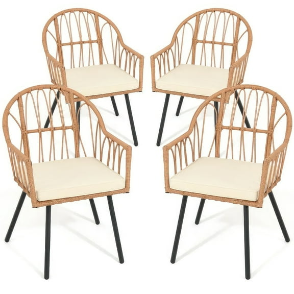 DEXTRUS 4 Pieces Rattan Wicker Dinning Chairs, Patio Furniture Set with Cushion and Curved Back All Weather Bistro Chair for Garden Backyard Porch Poolside Restaurant