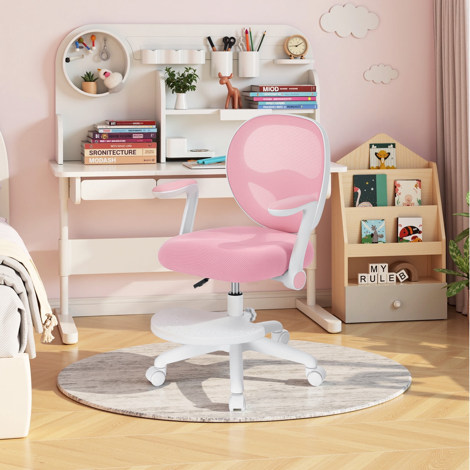 Hoffree Kids Desk Chair with Flipped Arms Wheels Ergonomic Study Chair with Footrest Adjustable Height Rolling Desk Chair for Teens Boys Girls in Study Room Pink