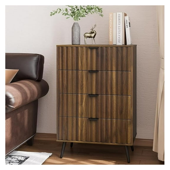 Fluted 4 Drawer Dresser, 35.4" Tall Modern Chest with Grooved Design, Walnut Finish Wood Drawer Organizer for Bedroom, Living Room, Closet