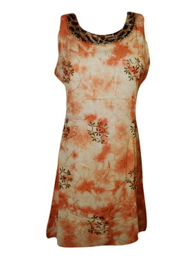 Mogul Womens Orange Tie Dye Tank Dress Floral Embroidered Sleeveless Cover Up Beach Dress Rayon Comfy Sundress