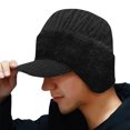 thumbnail image 2 of Qwertyu Mens Knit Winter Hat with Visor and Ear Flaps Fleece Lined Wind Resistant Beanie for Outdoor Cycling Running Hiking Black, 2 of 3