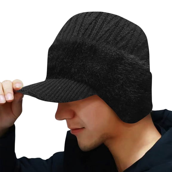 Huankd Winter Beanie with Brim Ear Flaps for Men Women, Warm Fleece Lined Knit Hat Stocking Caps for for The Cold Weather Black