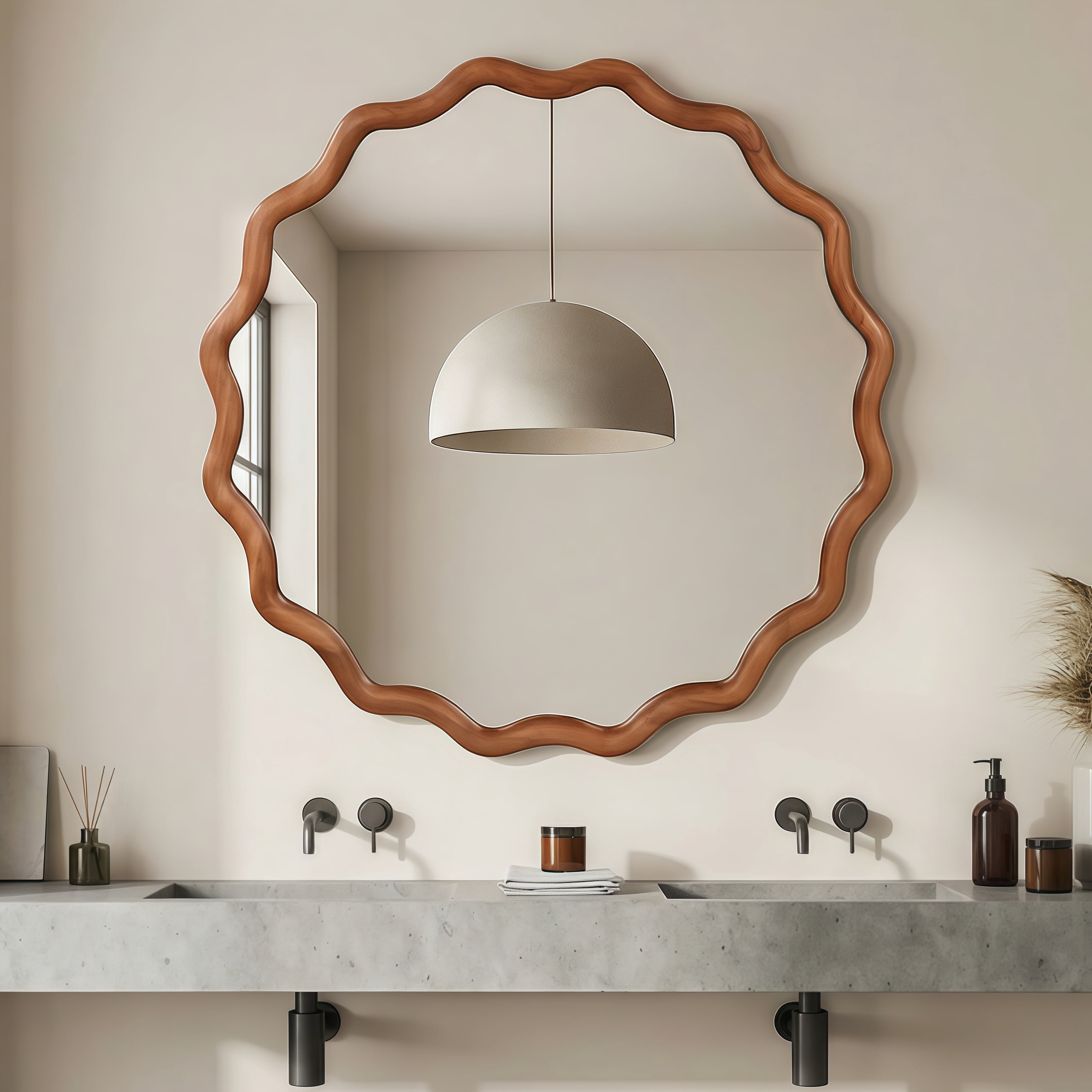 24-Inch Wavy Round Solid Wood Frame Mirror, Decorative Wall Mirror and Vanity Mirror for Bedroom Bathroom Living Room Entryway, Yellowish Brown