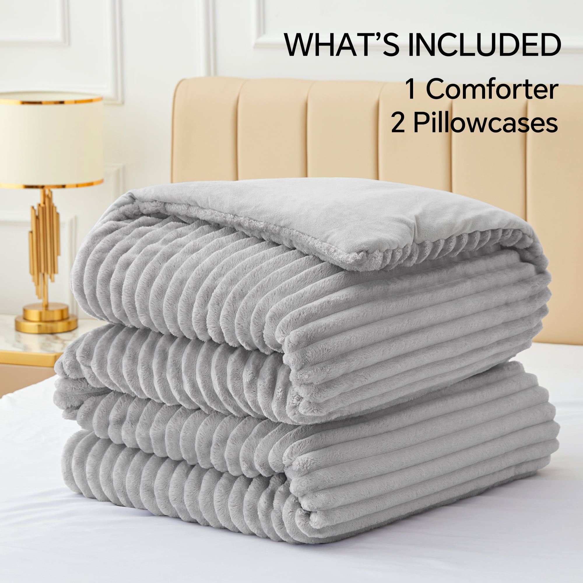 BEDELITE Fleece King Comforter Set -Super Soft & Warm Fluffy Grey Bedding, Luxury Fuzzy Heavy Bed Set for Winter with 2 Pillow Cases