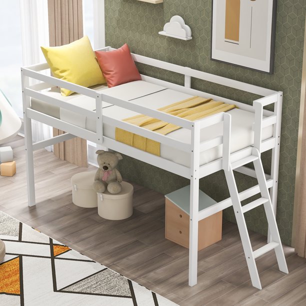 EUROCO Wood Loft Bed with Incline Ladder, Twin Size Low Loft Bed, White