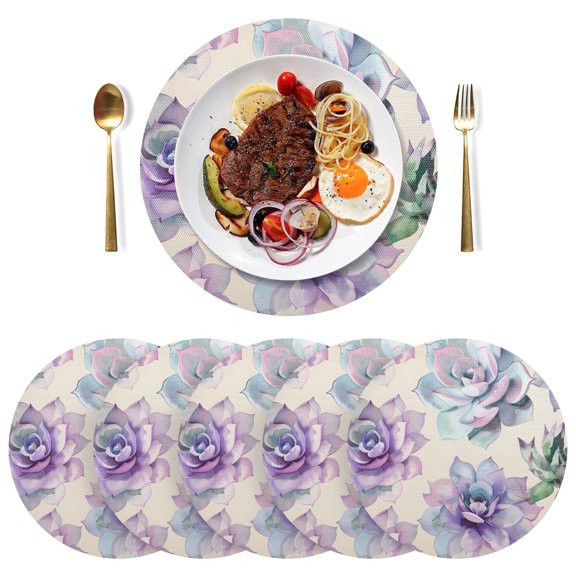 Flowers Succulent Plants Black Round Placemats Plate Mats 15 Inch Non-Slip Heat Resistant Washable PVC Set Indoor for Kitchen Dining Table 1PC