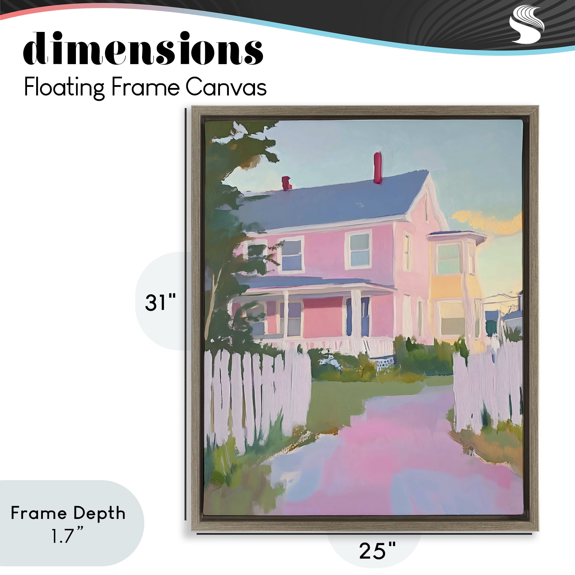 Stupell Industries Pastel Pink House with Fence Brown Framed Floater Canvas Wall Art, design by The Prints Vibe