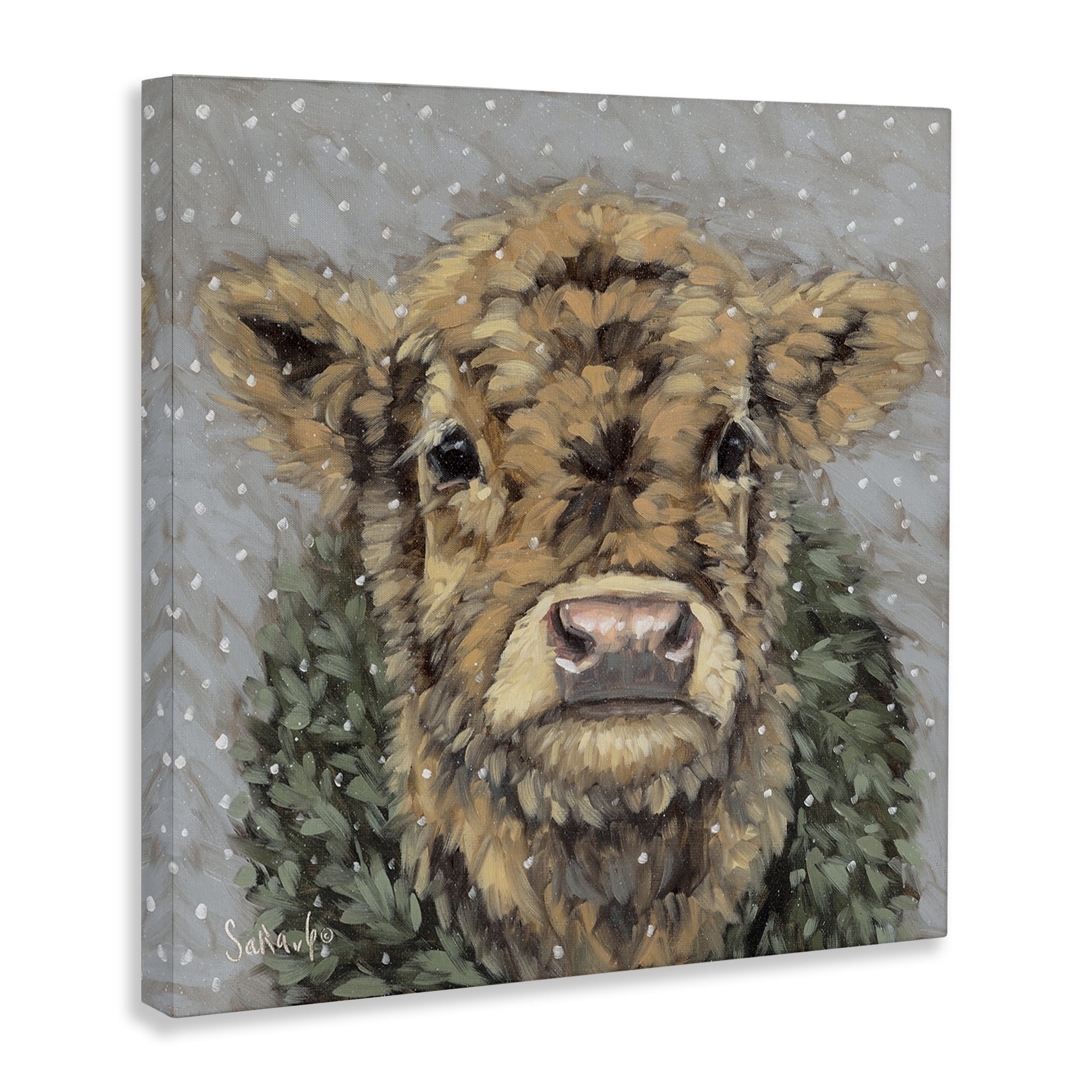 Stupell Industries Snowy Cattle & Wreath Animals & Insects Painting Gallery Wrapped Canvas Art Print Wall Art, 24 x 24
