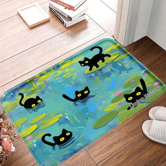 SPXUBZ Non Slip Flannel Polyester Kitchen Floor Mat With Black Cats On Lily Pads Design For Bedroom Bathroom Decoration 24x16 inch