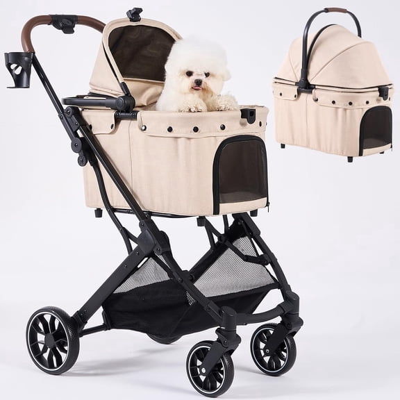 Pet Stroller with Detachable Carrier, All-Terrain 4-Wheel Foldable Cat & Dog Stroller with Adjustable Canopy, Weatherproof Cover, Storage Basket for Small to Medium Dogs