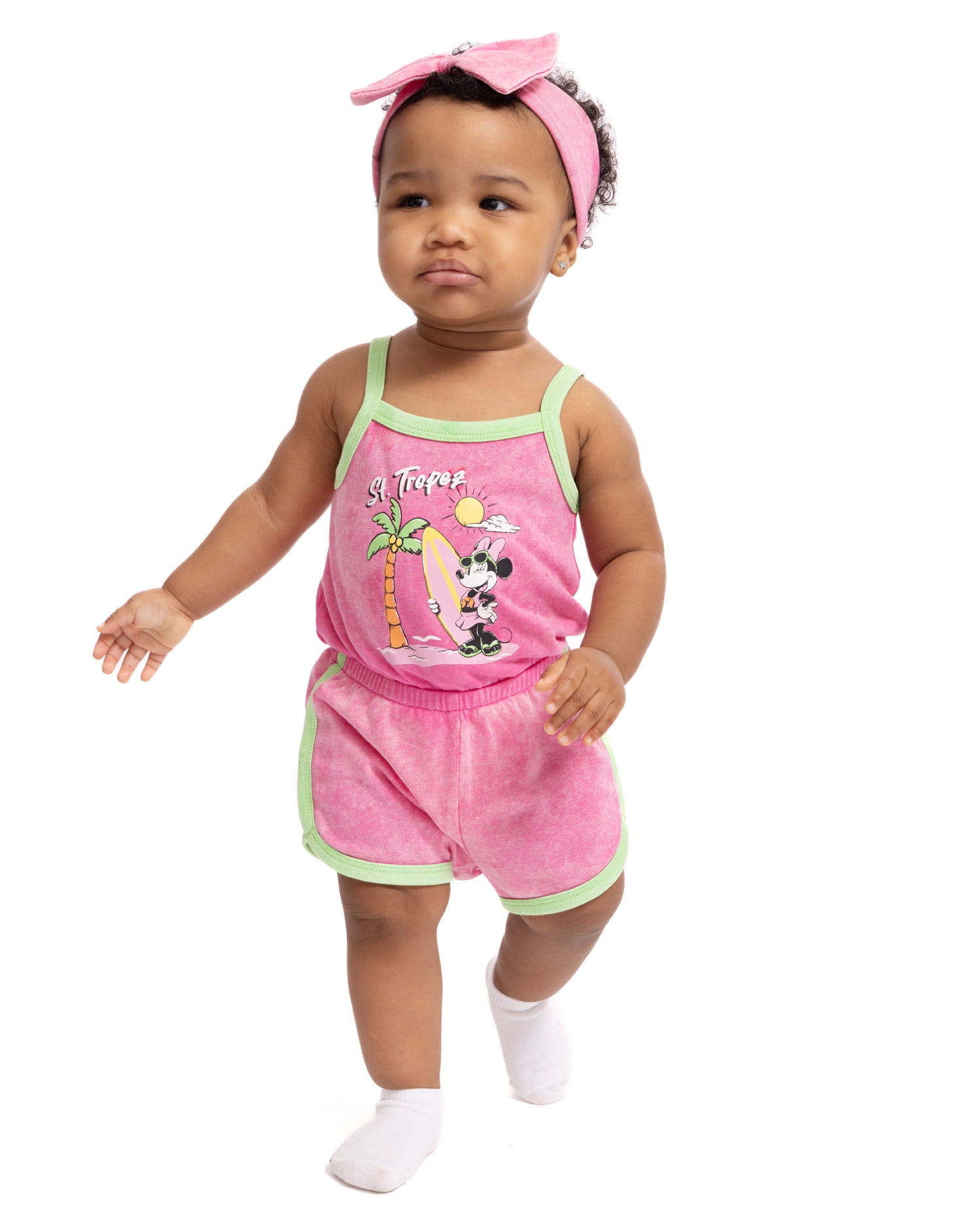 Minnie Mouse Baby Girls Sleeveless Graphic Romper with Matching Bow Headband, Sizes 0/3M-24M