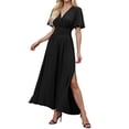 thumbnail image 1 of Vestido largo elegante de cuello en V y cintura alta para mujer: mangas plisadas, abertura lateral, fruncido, vestido de noche para bodas y fiestas., 1 of 5