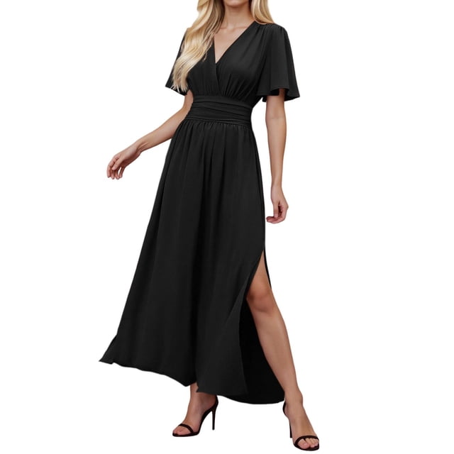 Vestido largo elegante de cuello en V y cintura alta para mujer: mangas plisadas, abertura lateral, fruncido, vestido de noche para bodas y fiestas.