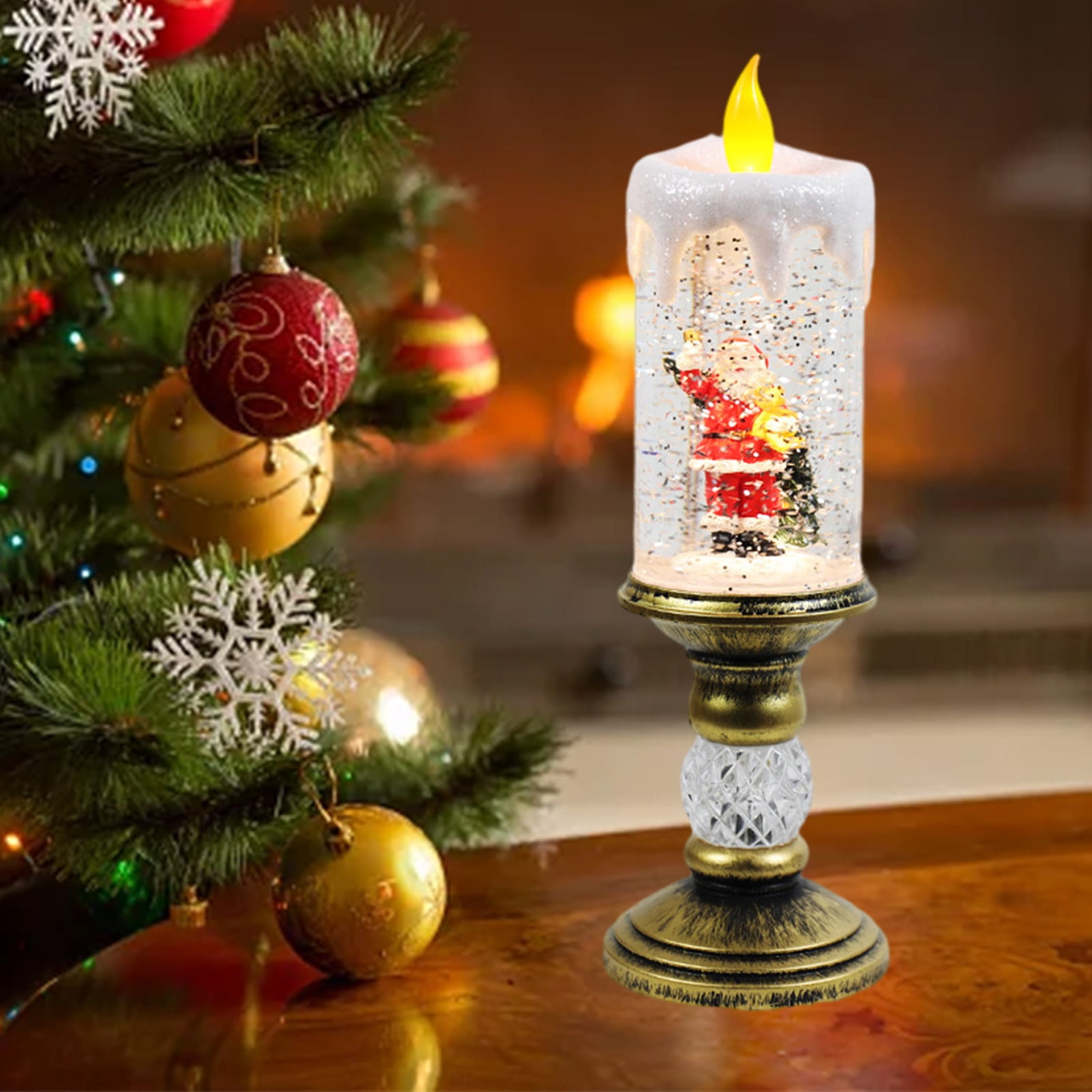 Dengmore Christmas Ornament Resin Luminous Santa Snowman Imitation Candle Light with Music Box LED Flameless Flickering Candle Lights Retro Night Light for Living Bedroom Xmas Decor