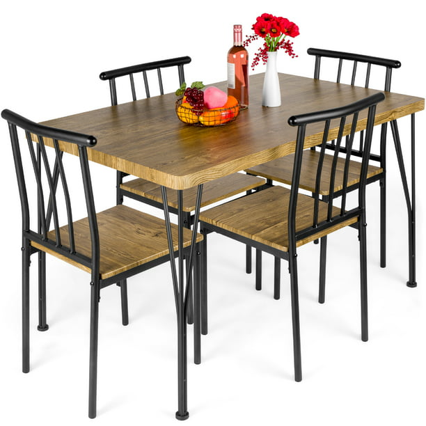 4 Chairs Brown, Wood And Metal Dining Room Set