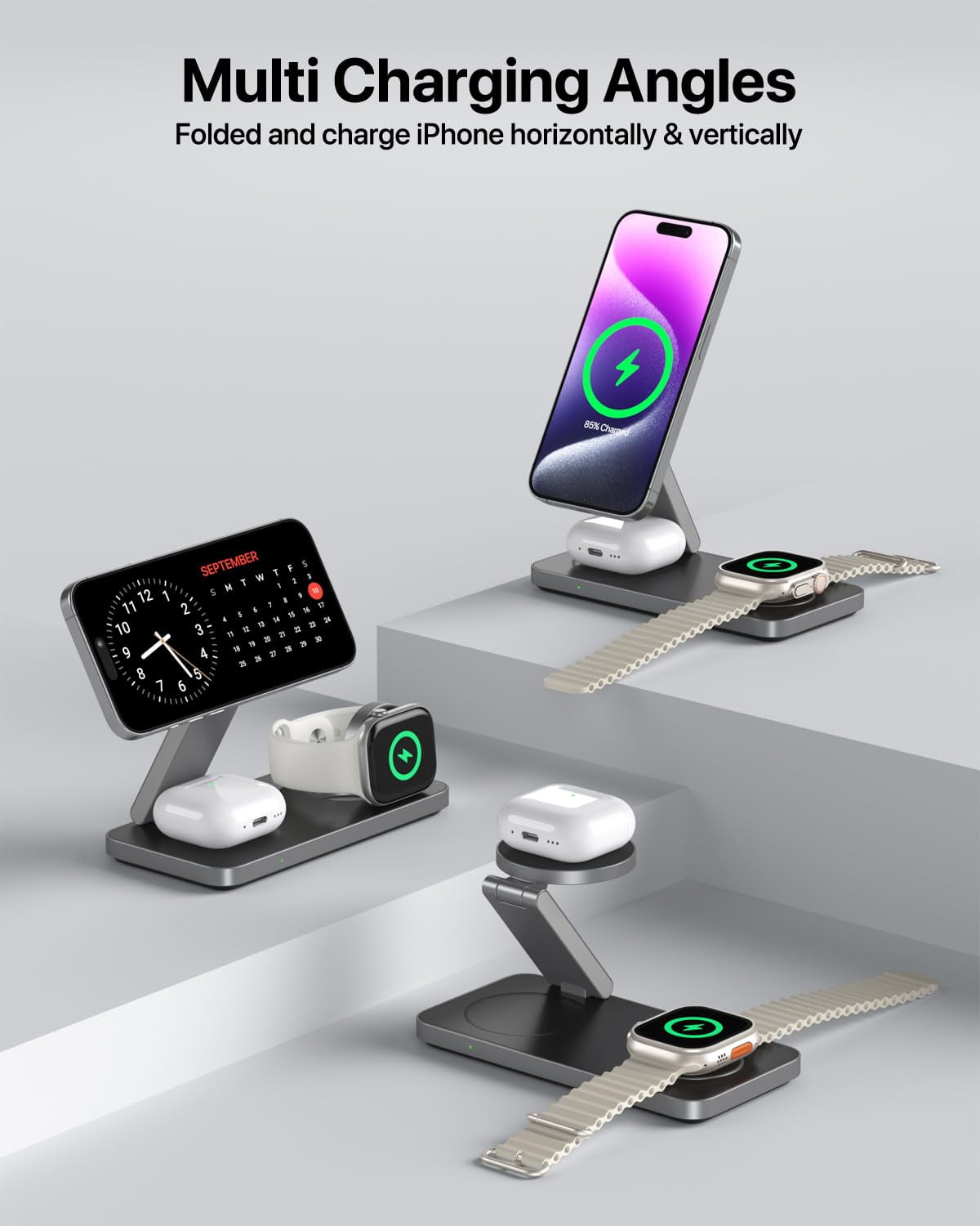 3-in-1 Magnetic Foldable Wireless Charging Station - Fast Charging Compatible with MagSafe (iPhone 16/15/14/13/12), Apple Watch 4 5 6 7 8 9 10 SE/Ultra & AirPods Pro/4/3/2