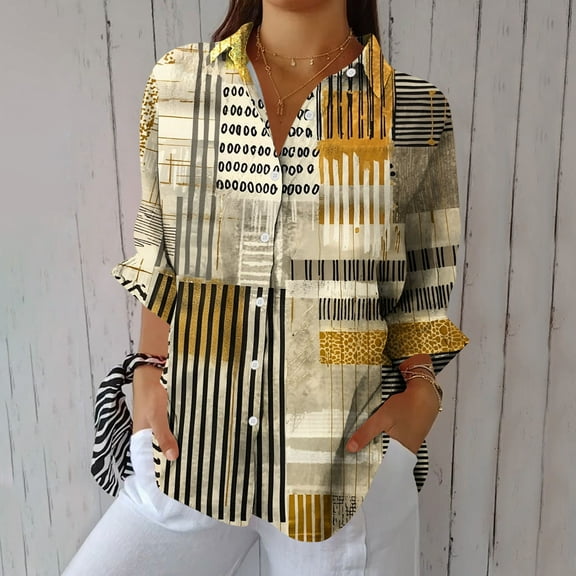 Royisotas Long Sleeve Womens Tops Plus Size Striped Casual Fall Collared Womens Button Down Shirt Soft Fitted Khaki Vintage Button up Shirts