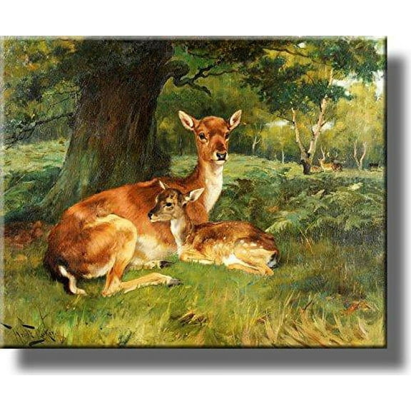 Fallow Deer Beside a Tree Picture on Stretched Canvas, Wall Art Décor, Ready to Hang!