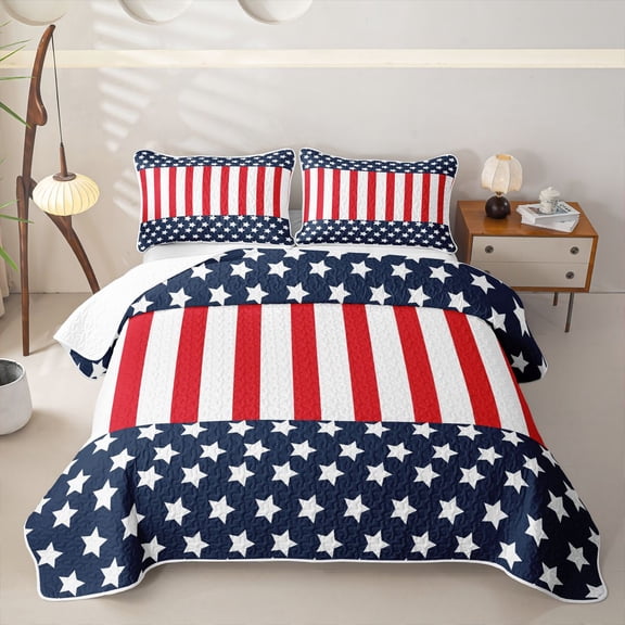 Manfei Stars Stripe Twin Quilt Set,Patriotic American Flag Twin Coverlet Set,Red Navy,2 Pieces