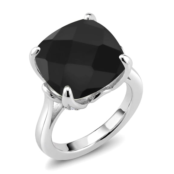 Gem Stone King 8.33 Cttw Black Onyx Engagement Ring for Women | 925 Sterling Silver | 14MM Cushion Checkerboard | Gemstone Birthstone (Size 8)