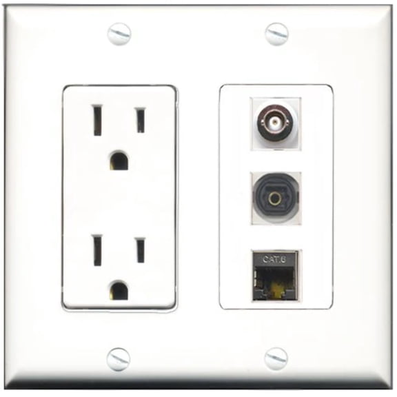 RiteAV - 15 Amp Power Outlet 1 Port Shielded Cat6 Ethernet Ethernet 1 Port Toslink 1 Port BNC Decorative Wall Plate
