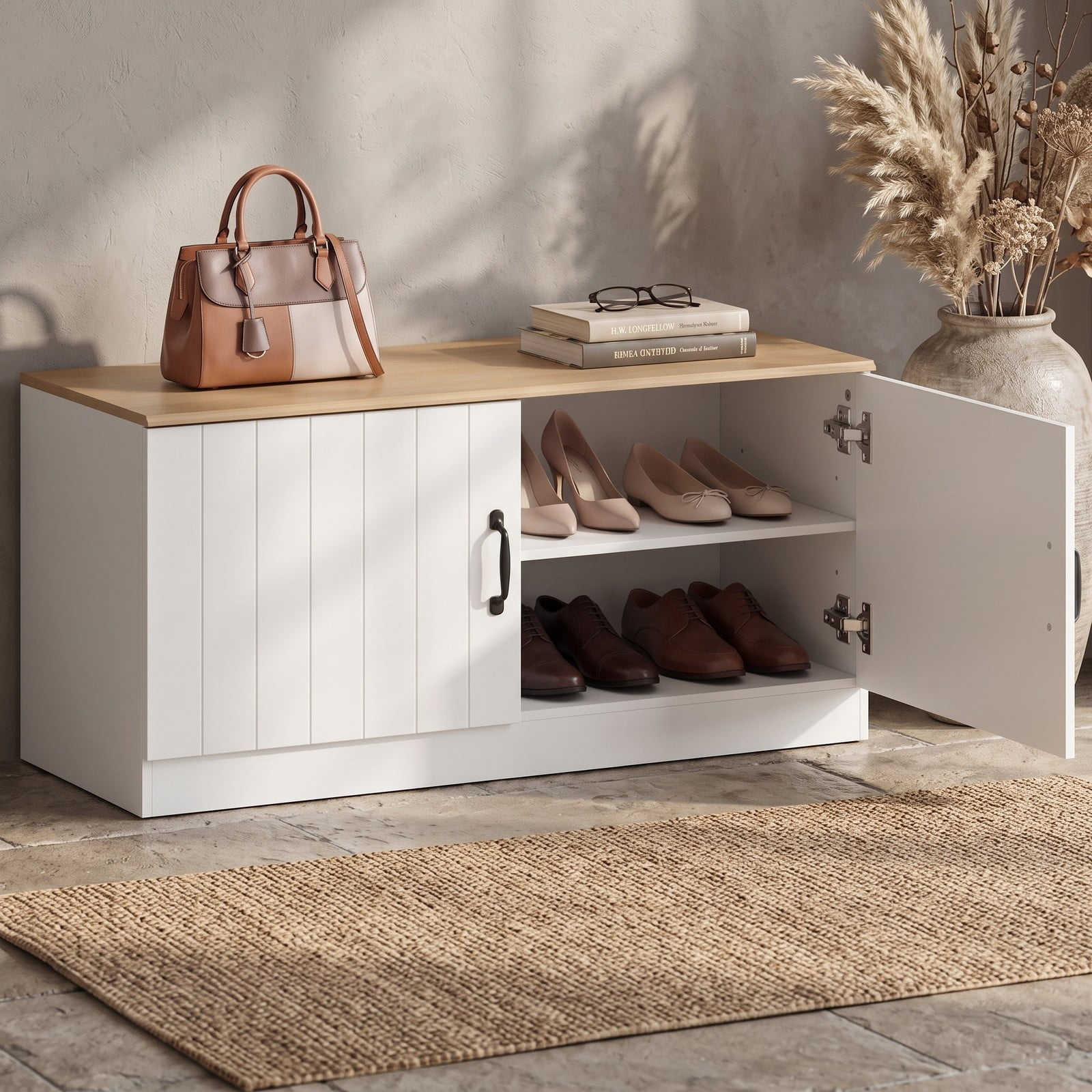 Furnibear 2-Door Shoe Bench Storage Cabinet with Adjustable Shelves and Wide Seat for Entryway Hallway and Bedroom, Natural