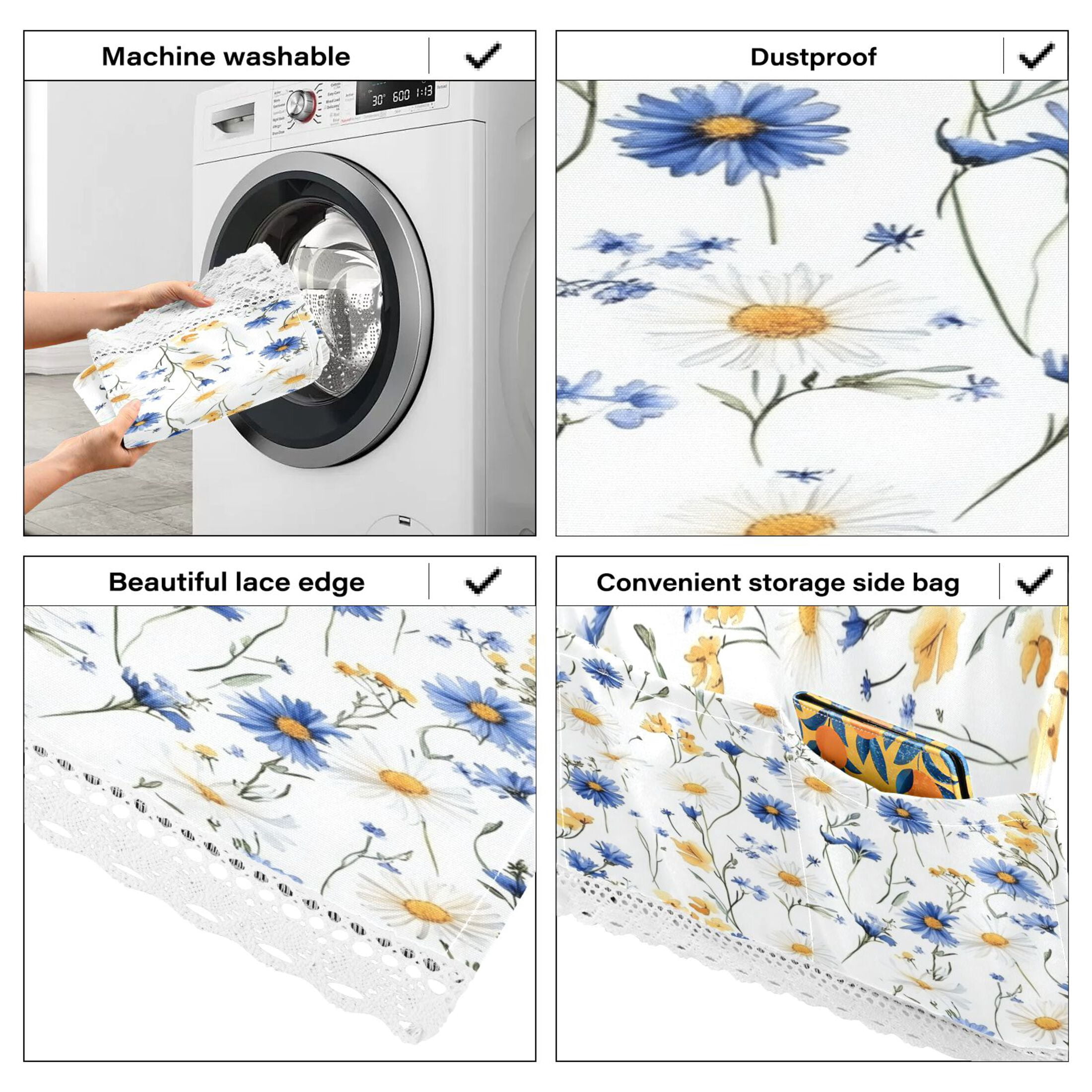 Dustproof Washing Machine Cloth Washer and Dryer Top Covers, Fridge Dust Cover, With Storage BagsBlue and Yellow Wildflowers