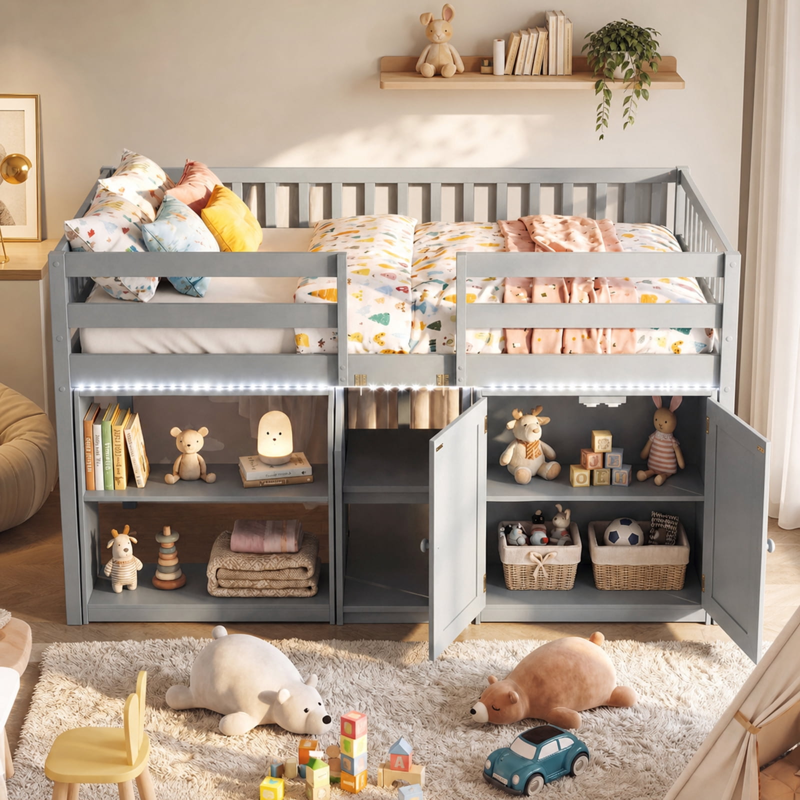 Furnibear Twin Size Loft Bed with Warm White LED Lights Storage Bookcase Cabinet Full Length Guardrails Stairs and 14 Plywood Slats, Gray