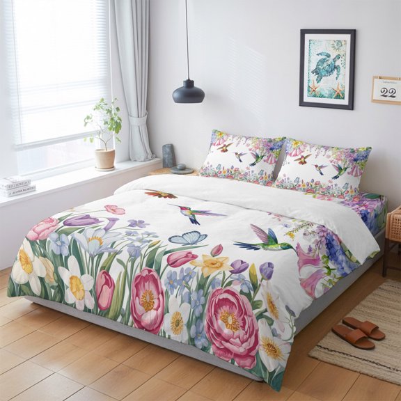 4 Pieces Duvet Cover Queen Bedding Sets Spring Watercolor Flower Hummingbird Ultra Soft Luxury Comforter Cover Set with Bed Sheet and Decorative Pillow Shams Garden Floral Art