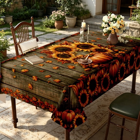 Vintage Rustic Wood Grain Autumn Maple Leaf Pumpkin Sunflower Print Tablecloth, Family Holiday Party Kitchen Dining Table Decor, Thanksgiving Christmas Gift
