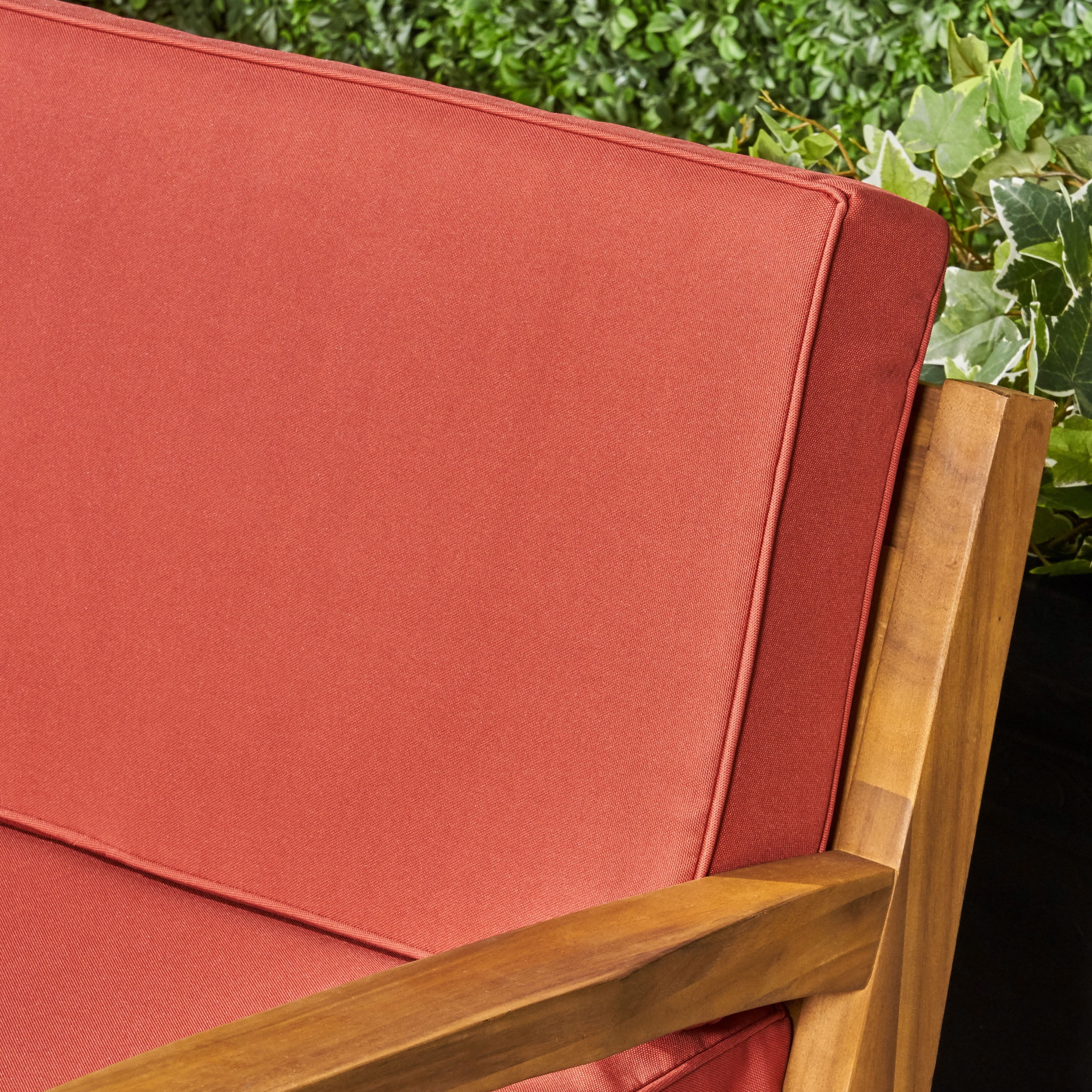 Wilcox Outdoor 6 Piece Acacia Wood Sectional Sofa Set with Cushions, Teak, Red