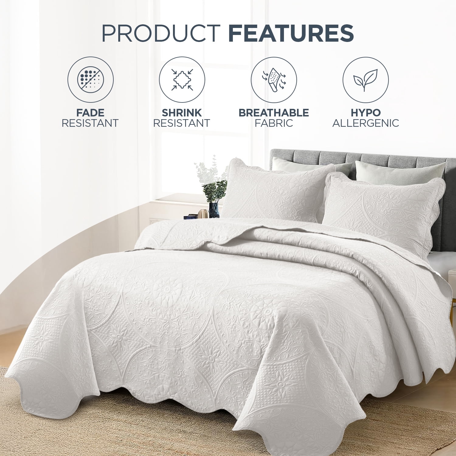 Moonlight Bedding Classic Collection Soft Touch Contemporary 2-Piece White Floral Quilt Set, Twin