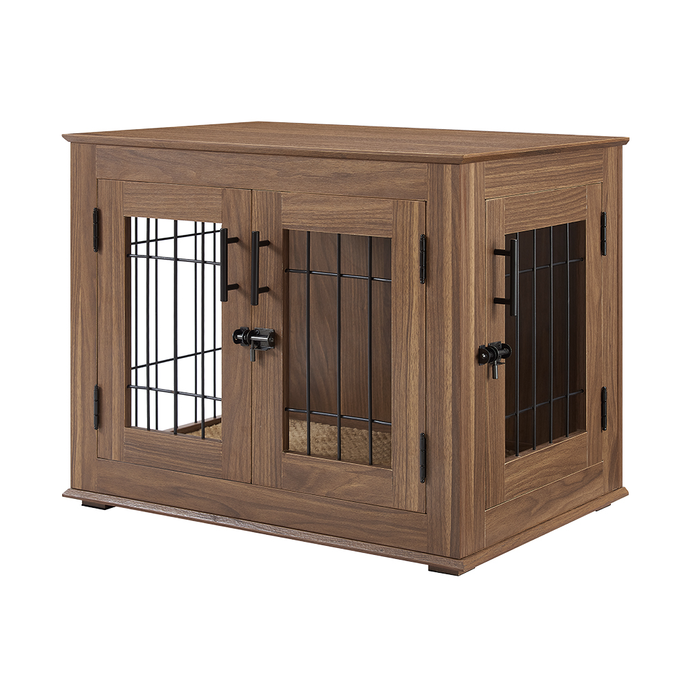 Unipaws Dog Crate Furniture, Double Doors Wooden Wire Dog Kennel with Pet Bed, Small Dog Crate
