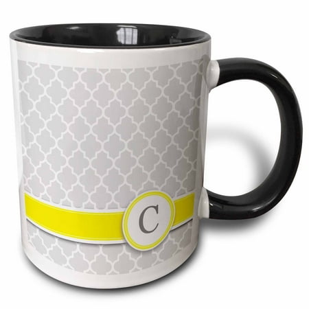 

3dRose Your personal name initial letter C - monogrammed grey quatrefoil pattern - personalized yellow gray - Two Tone Black Mug 11-ounce