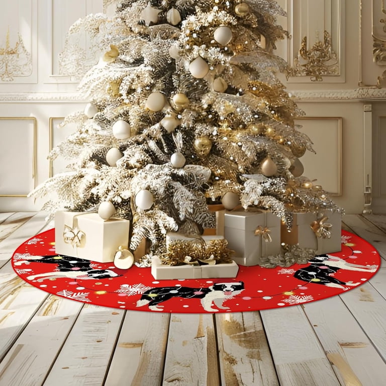 48 Inch Red Christmas Tree Skirt With Santa & Reindeer Design - Festive Holiday Tree Mat