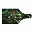 thumbnail image 1 of Fantasy World Cutting Board, Graphics of Fantasy Scene with Girl and Saber-tooth Tiger Plants Galaxy, Decorative Tempered Glass Cutting and Serving Board, Wine Bottle Shape, Green, by Ambesonne, 1 of 1