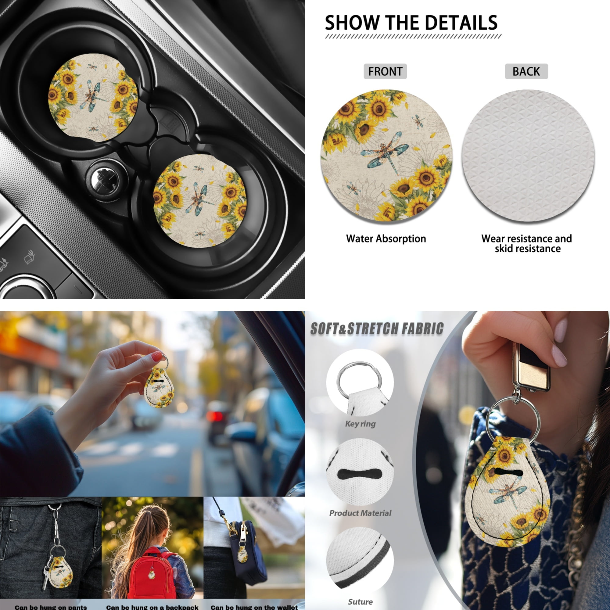 Jeiento Dragonfly Car Front Back Seat Covers Sunflower Steering Wheel Cover Armrest Cover Pad Seat Belt Pads Coasters Keychain Chapstick Holder Universal Fit, 13 PCS