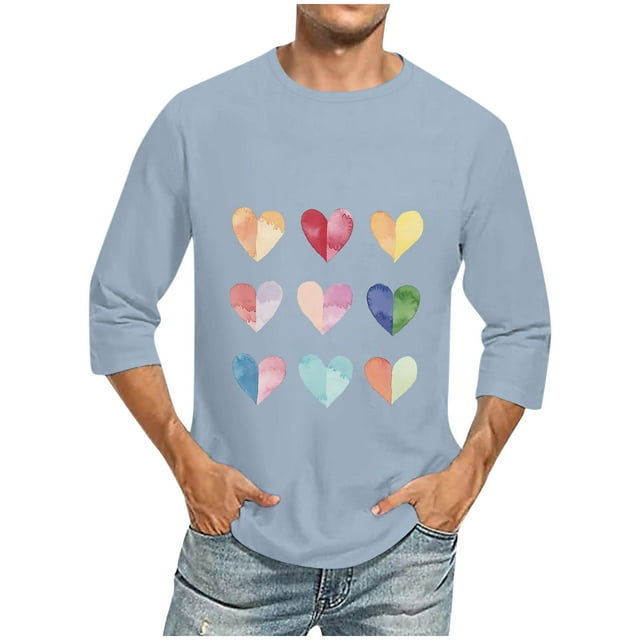 Camisas de Manga Larga para los Hombres Día de San Valentín Impresión Cuello Redondo Moda Casual, Mezcla de Poliéster de Lino de Algodón para Primavera Verano