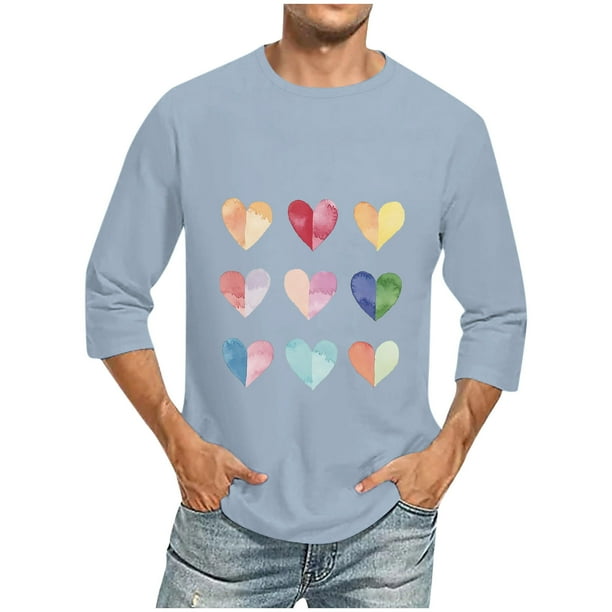Camisas de Manga Larga para los Hombres Día de San Valentín Impresión Cuello Redondo Moda Casual, Mezcla de Poliéster de Lino de Algodón para Primavera Verano