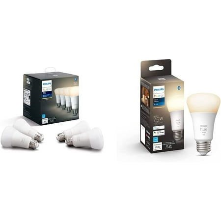 

Philips Hue White A19 LED Smart Bulb 4 Bulbs & White A19 Medium Lumen Smart Bulb 1100 Lumens Bluetooth & Zigbee Compatible (Hue Hub Optional) 1 Bulb