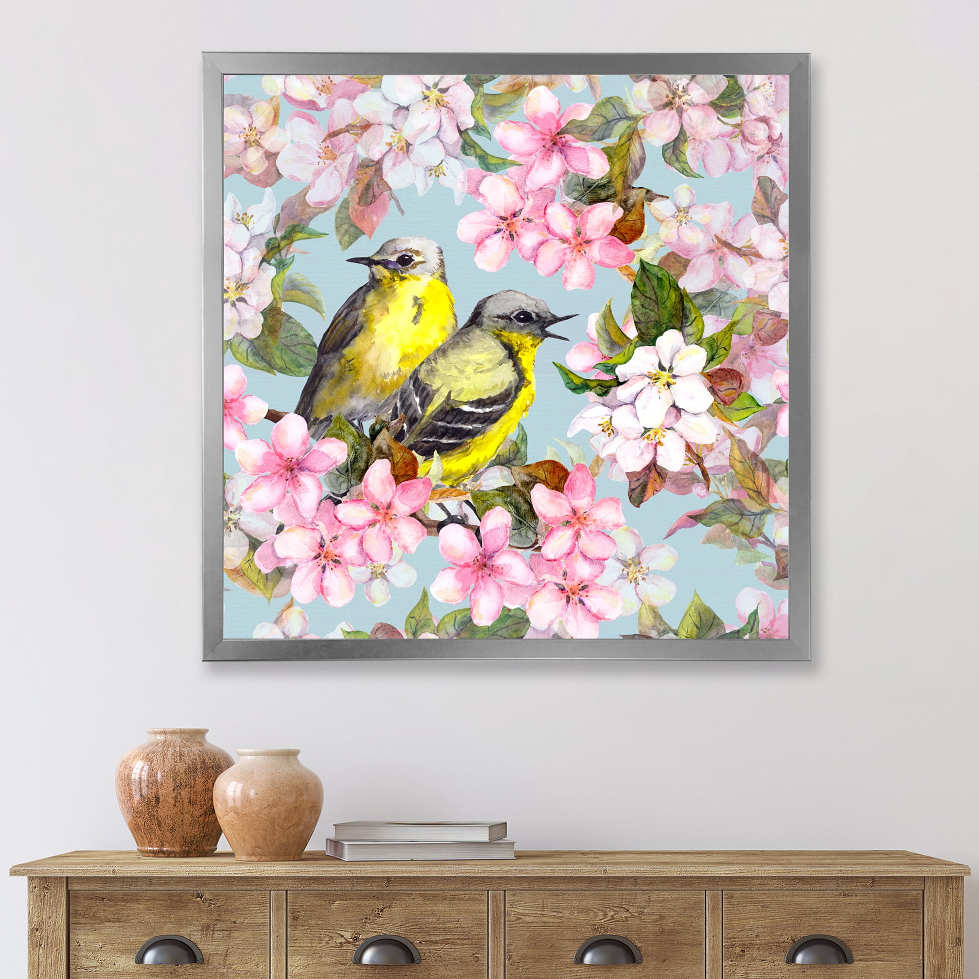 Designart 'Birds On Pink Cherry Sakura and Apple Flowers II' Traditional Framed Art Print