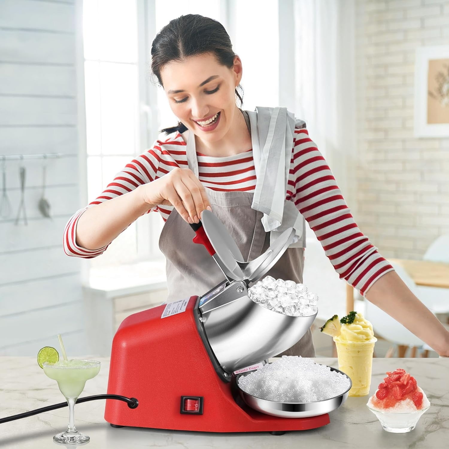 Electric Ice Shaver Crusher Machine Snow Cone Maker Red 143lbs/hr with Ice Pick for Home and Commercial Use