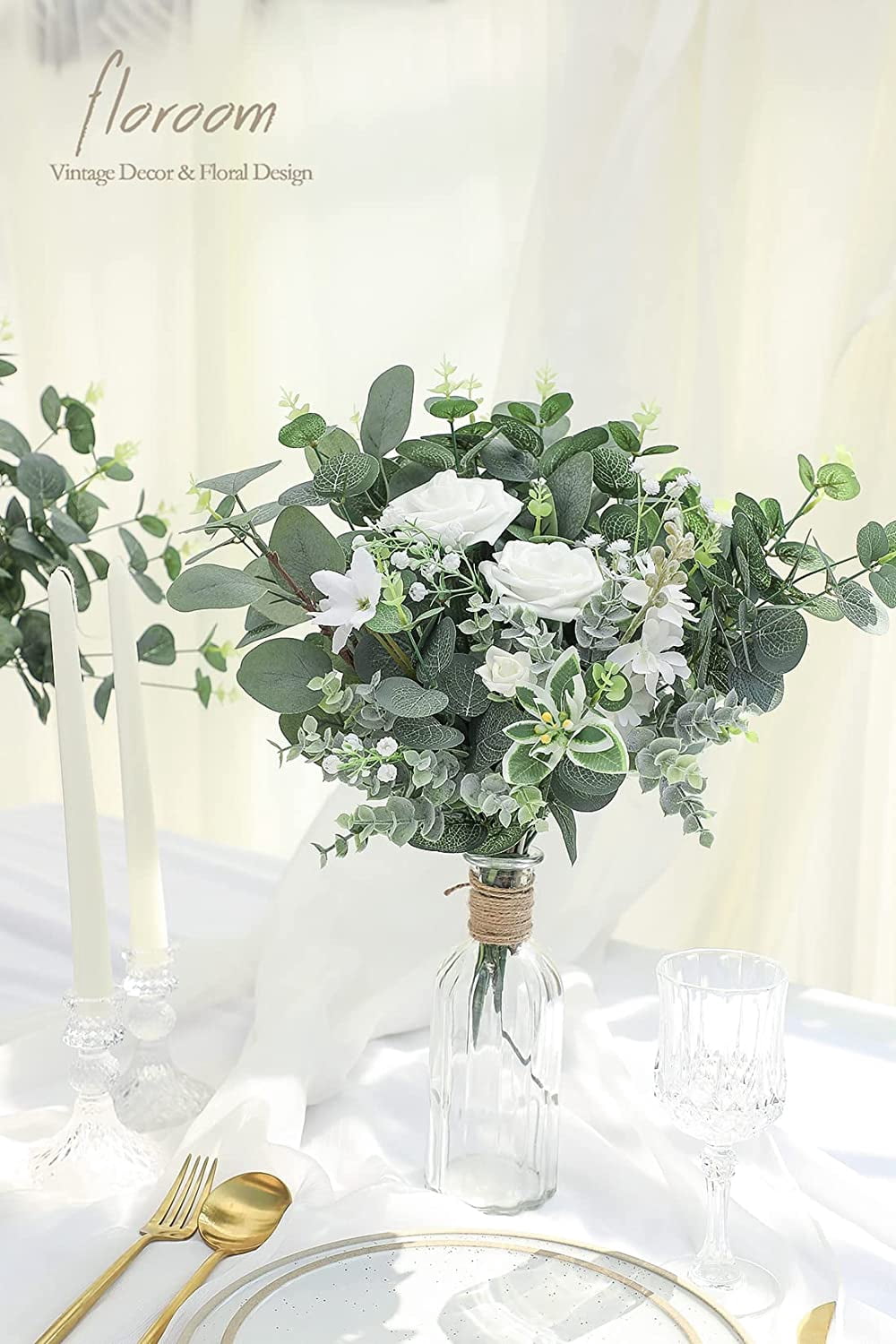 Artificial Flocked Eucalyptus Stems Faux Greenery Spray, 18pcs Best Filler Fake Plants for DIY Wedding Bouquet Centerpieces Arrangement
