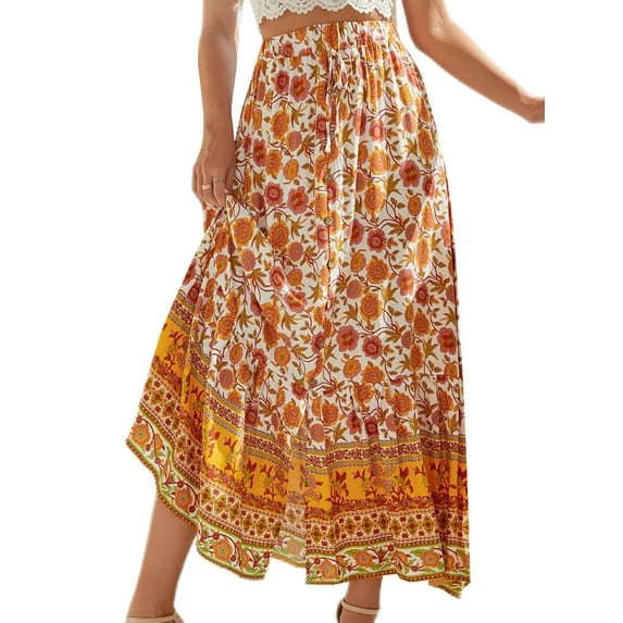 Sexy Dance Women Boho Floral Print Elastic High Waist Pleated A Line Maxi Skirt Single Breasted Swing A-Line Skirts