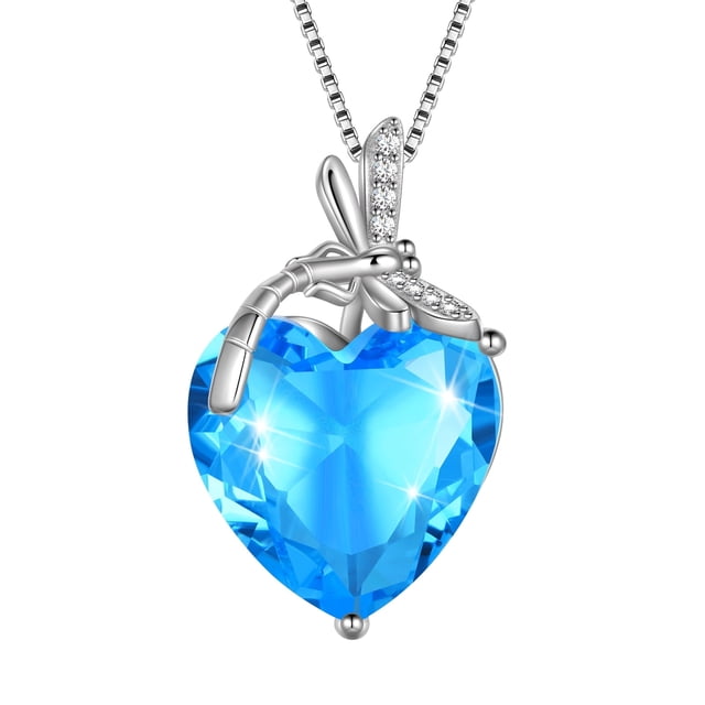 Juwaliy Collar de Libélula Corazón Collar de Piedra de Nacimiento de Marzo Aguamarina Dije de Plata Esterlina 925 Joyería Azul Regalos para Mujeres Cumpleaños Navidad Día de la Madre
