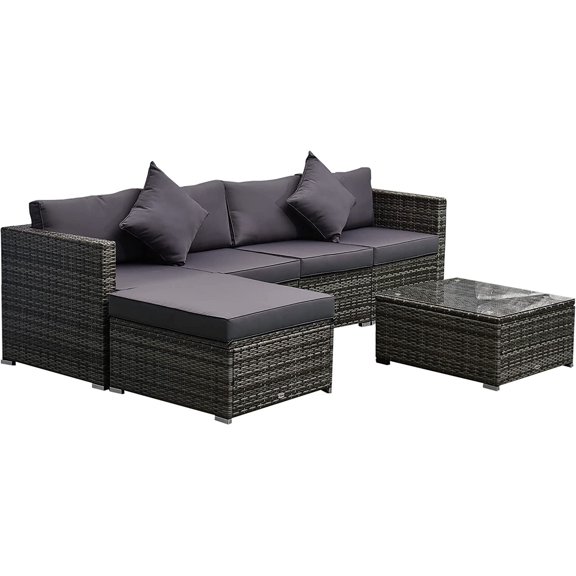 Outsunny 6 Pieces Patio Furniture Sets Outdoor Wicker Conversation Sets All Weather PE Rattan Sectional Sofa Set with Ottoman, Cushions & Tempered Glass Desktop, Grey